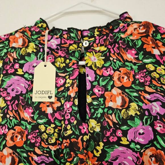 NWT Jodifl Tiered Balloon Sleeve Floral Dress Ruffle High Neck Sz Large Colorful - Picture 4 of 10